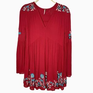 Free People Te Amo Berry Red Embroidered Vneck Fit&Flare Mini Boho‎ Dress XS